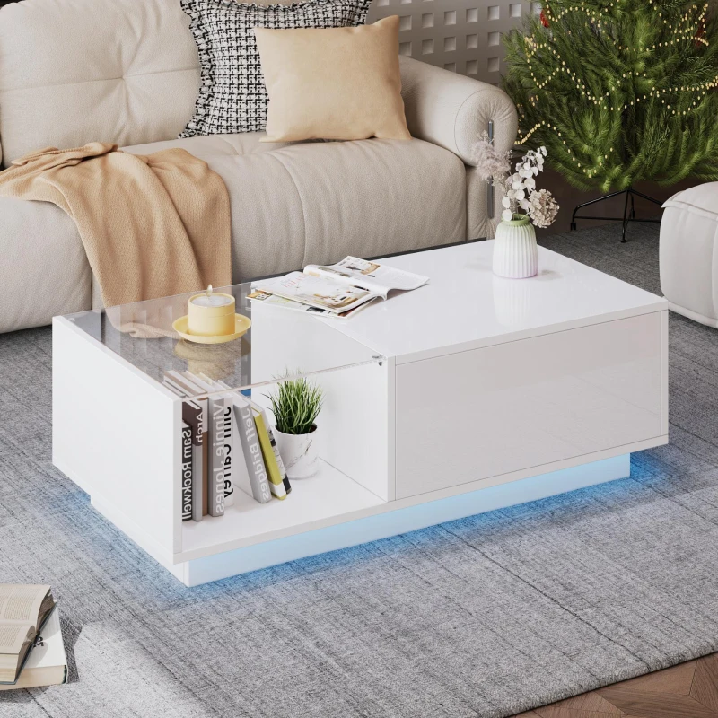 Lift-Up Coffee Table with App-Controlled LED Light and Half Glass Top, Modern Center Table for Living Room, 39.5" L x 19.5" W x 13" H, White