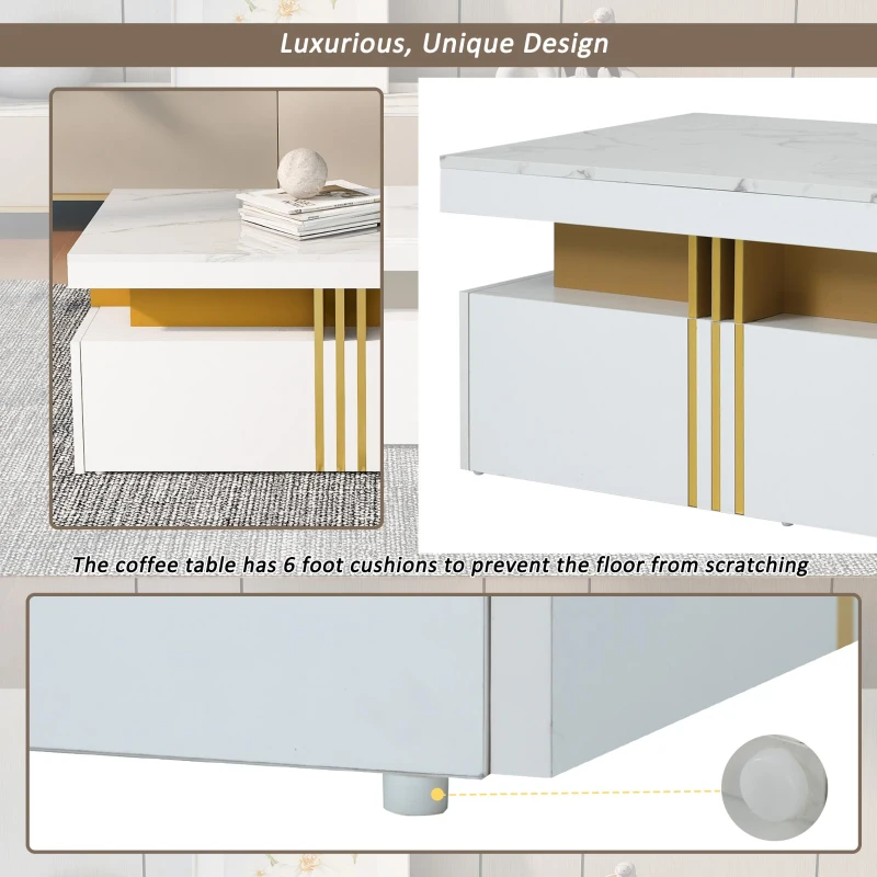 Minimalist Coffee Table with 2 Drawers and High-Gloss Finish, Multi-Use Side Table for Living Spaces, 39.5'' L x 19.5'' W x 15.5'' H, White