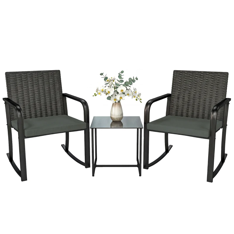Outsunny 3 Pieces Rocking Bistro Set Outdoor Patio Furniture Set with Cushions, Glass Coffee Table for Balcony, Grey