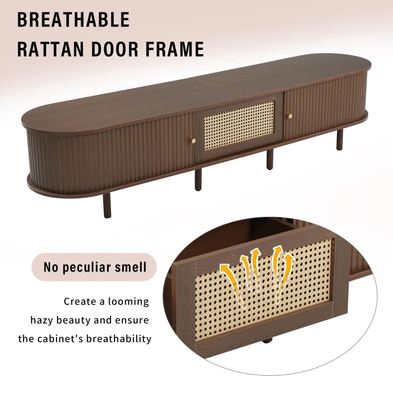 Minimalist TV Stand with Rattan Drawer and 2 Sliding Doors, Oval Media Console with Space-Saving Top, 71'' L x 15.5'' W x 15.5'' H, Dark Oak