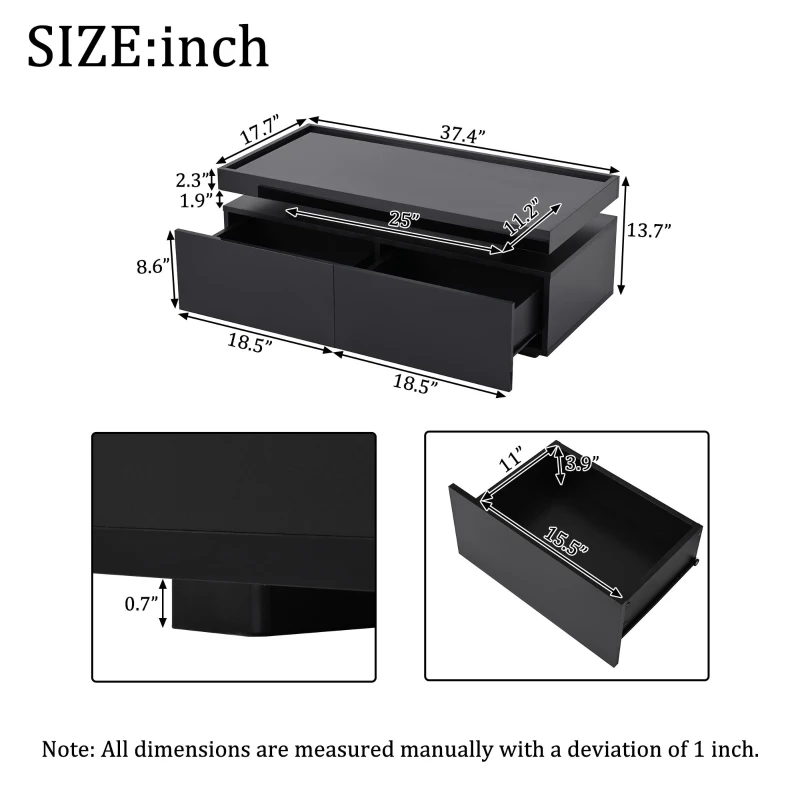 High-Gloss Coffee Table with App-Controlled LED Ambient Lighting, Functional Center Table for Living Room, 37.5" L x 17.5" W x 13.5" H, Black