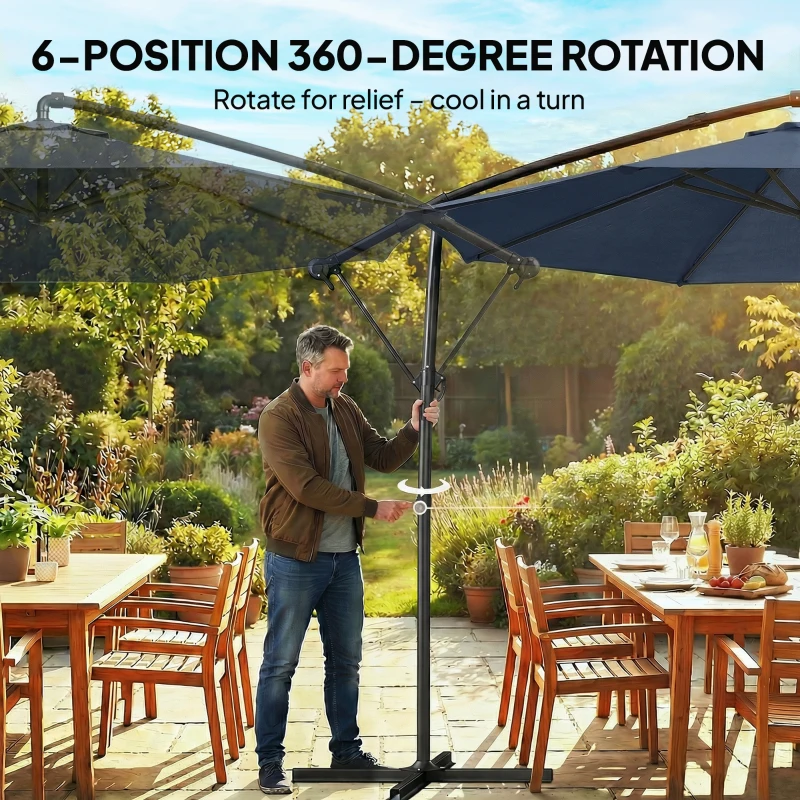 Outsunny 10 ft Offset Patio Umbrella with Cover, Hanging Cantilever Umbrella with 360° Rotation, Crank Handle, Tilt, Navy Blue