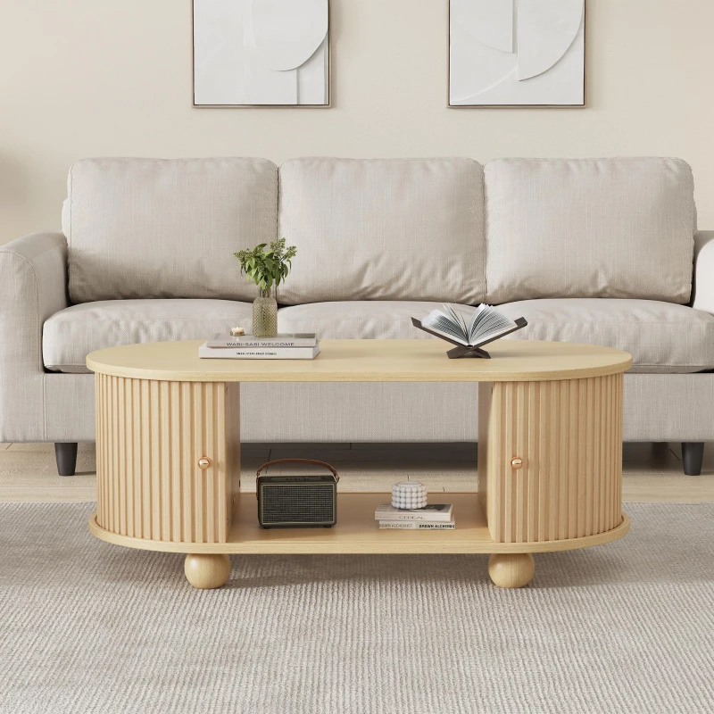 Wood Oval Coffee Table with Space-Saving Design, Stylish Center Table with Hidden Compartment, 39.5" L x 19.5" W x 15.5" H, Wood