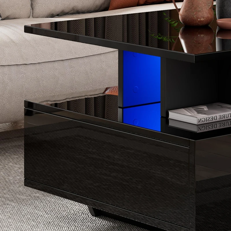 High-Gloss Coffee Table with LED Lighting and 2 Drawers, Versatile Centre Table with Open Storage, 35.5'' L x 21.5'' W x 16'' H, Black