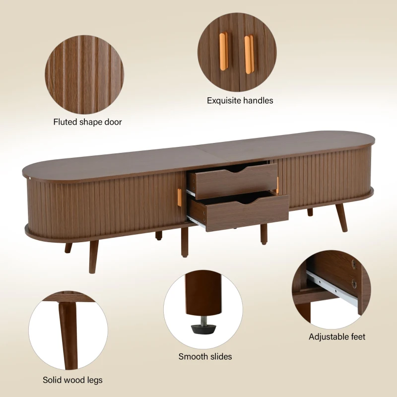 Stylish TV Stand with Rounded Corners and Oval Top, Versatile TV Cabinet for Living Room, 69" L x 15.5" W x 16.5" H, Dark Oak