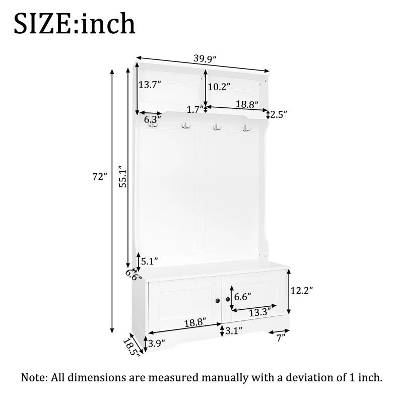 Space‑Saving Coat Rack with 4 Hooks and Top Open Shelf, Multifunctional Cabinet for Compact Homes, 40'' L x 18.5'' W x 72'' H, White