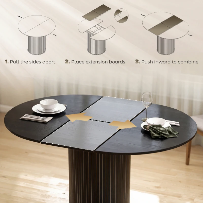 HOMCOM Extendable Kitchen Table for 6-8, 43.5"-59" Farmhouse Dining Table with Pedestal Base Black Wood Grain