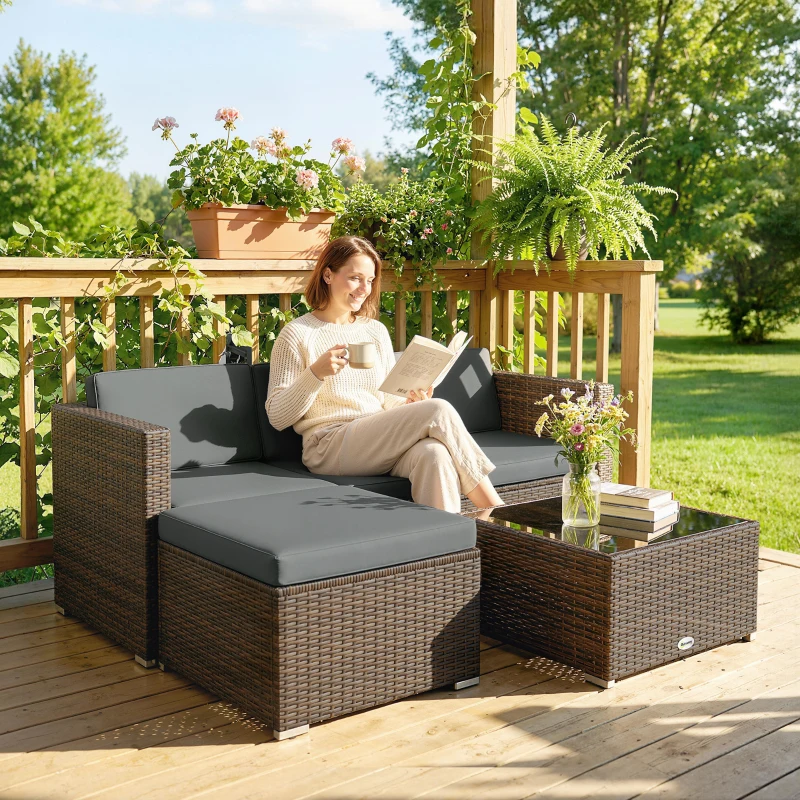 Outsunny 3 Pieces Patio Furniture Set with Cushions, Outdoor PE Rattan Wicker Conversation Corner Sofa Set, Dark Grey