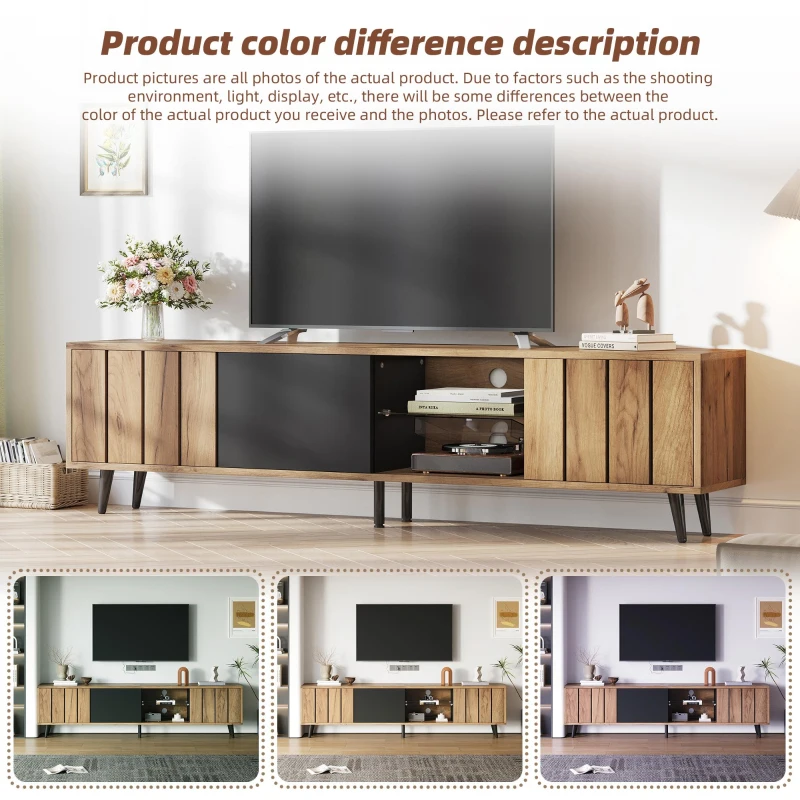 Sleek TV Stand with 3 Doors and 2-Tier Tempered-Glass Shelf, Slim TV Cabinet with Hidden Storage, 69" L x 12.5" W x 17.5" H, Natural Wood