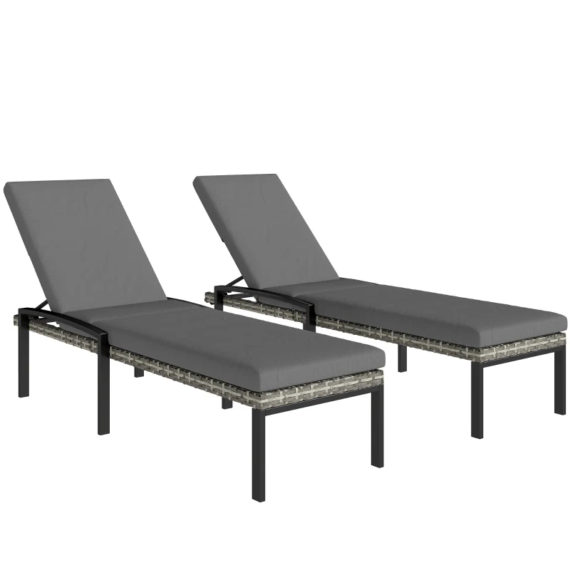 Outsunny Chaise Lounge Chairs Outdoor, Set of 2 Wicker Patio Lounge Chairs with 5-Level Adjustable Backrest, Cushion