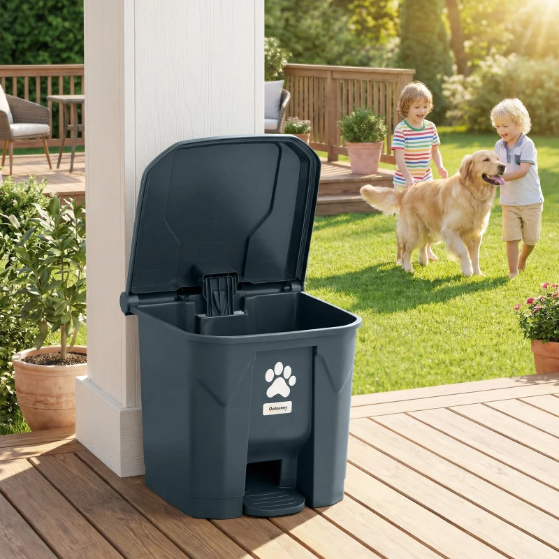 Outsunny Dog Poop Outdoor Garbage Bin, 8 Gal Pet Waste Garbage Can with Lid and Pedal, Waterproof Plastic Trash Can, Dark Grey
