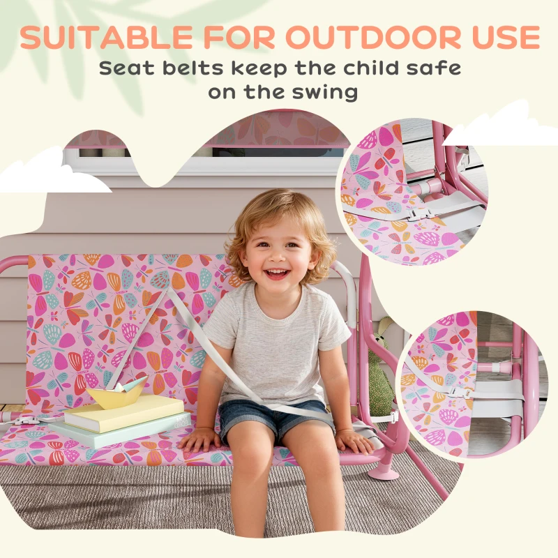 Qaba Kids Patio Swing, 2-Seater Outdoor Porch Swing with Safety Belt and Adjustable Canopy for Backyard Garden, Pink