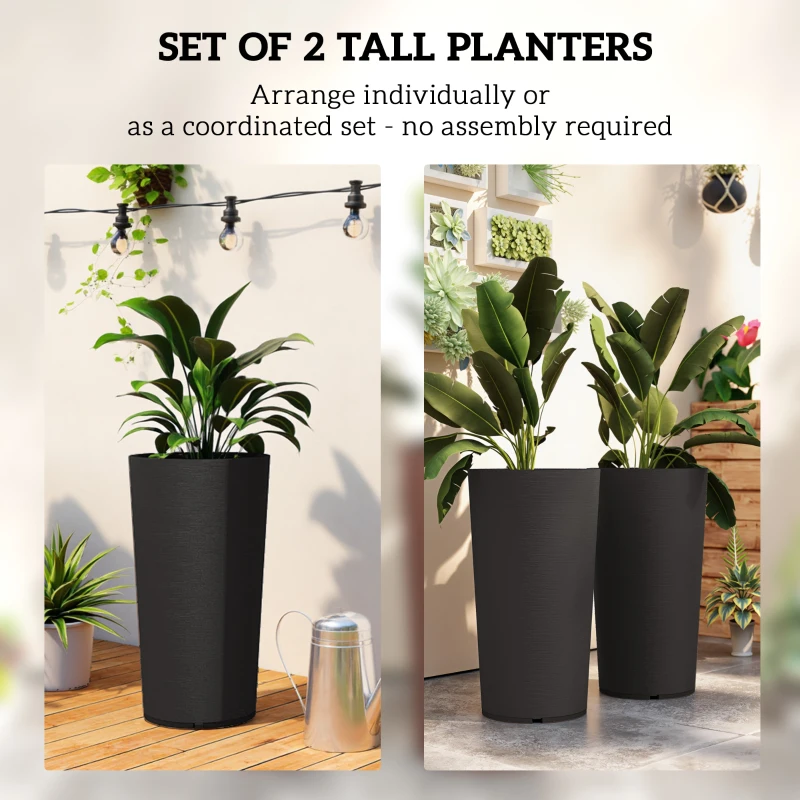 Outsunny 29 Inch Outdoor Planter, Set of 2 Plastic Flower Pots, Weather and UV Resistant Stackable Large Planters, Black