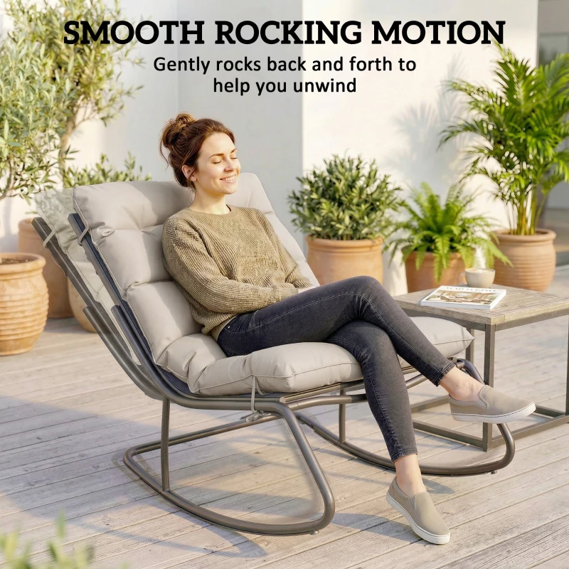 Outsunny Outdoor Rocking Chair, Oversized Rocking Patio Chair with 25" Extra Wide Mesh Seat and Cushion, Khaki