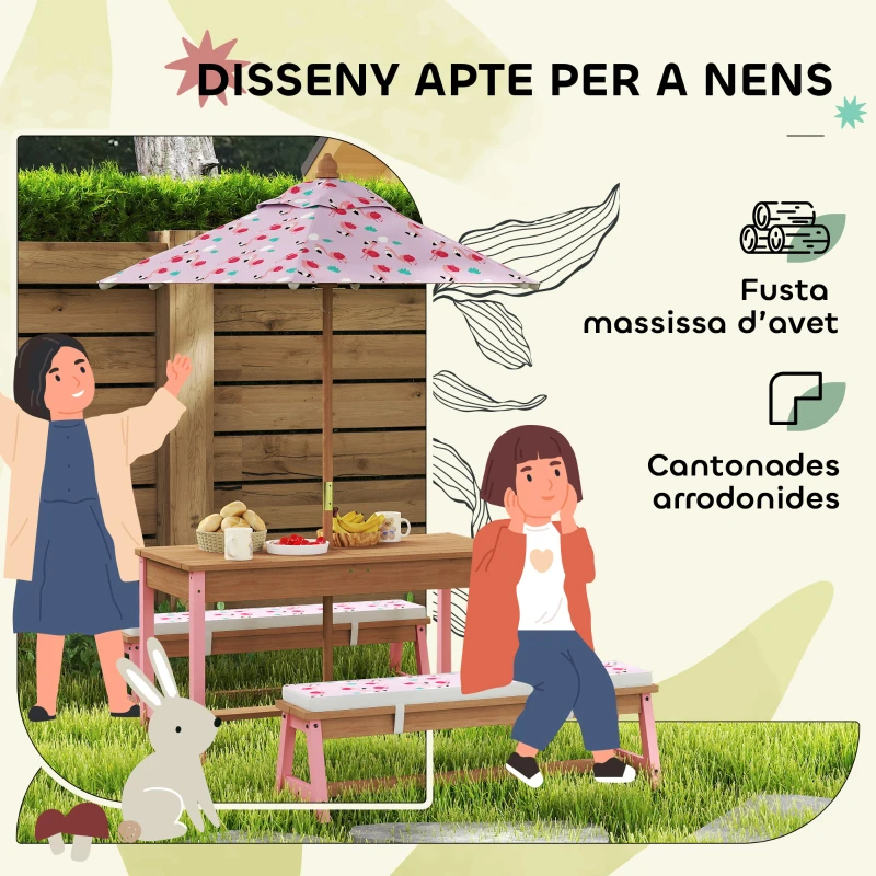 Qaba Kids Picnic Table and Bench Set with Removable Umbrella, Cushions & Boxes, Flamingo Theme for Outdoor, Pink