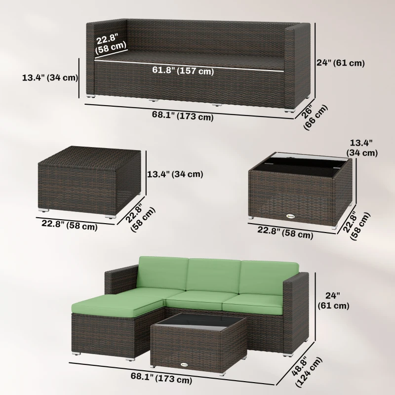 Outsunny 3 Pieces Patio Furniture Set with Cushions, Outdoor PE Rattan Wicker Conversation Corner Sofa Set, Light Green