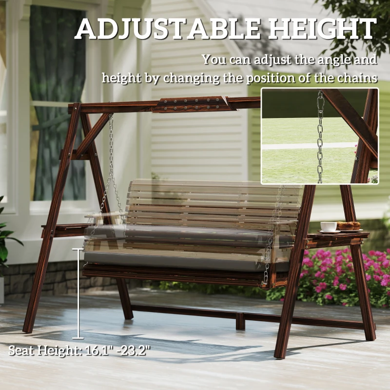 Outsunny 3 Seat Wooden Porch Swing with Stand, Patio Swing with Cushion, for Garden, Poolside, Backyard, Carbonized Brown