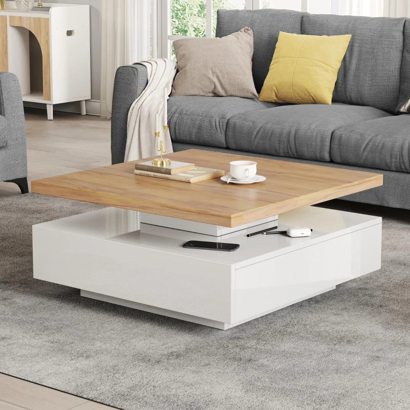 Square Rotating Coffee Table with Double-Layer Storage, Multi-Use Center Table for Living Area, 27.5'' L x 27.5'' W x 14'' H, White+Oak