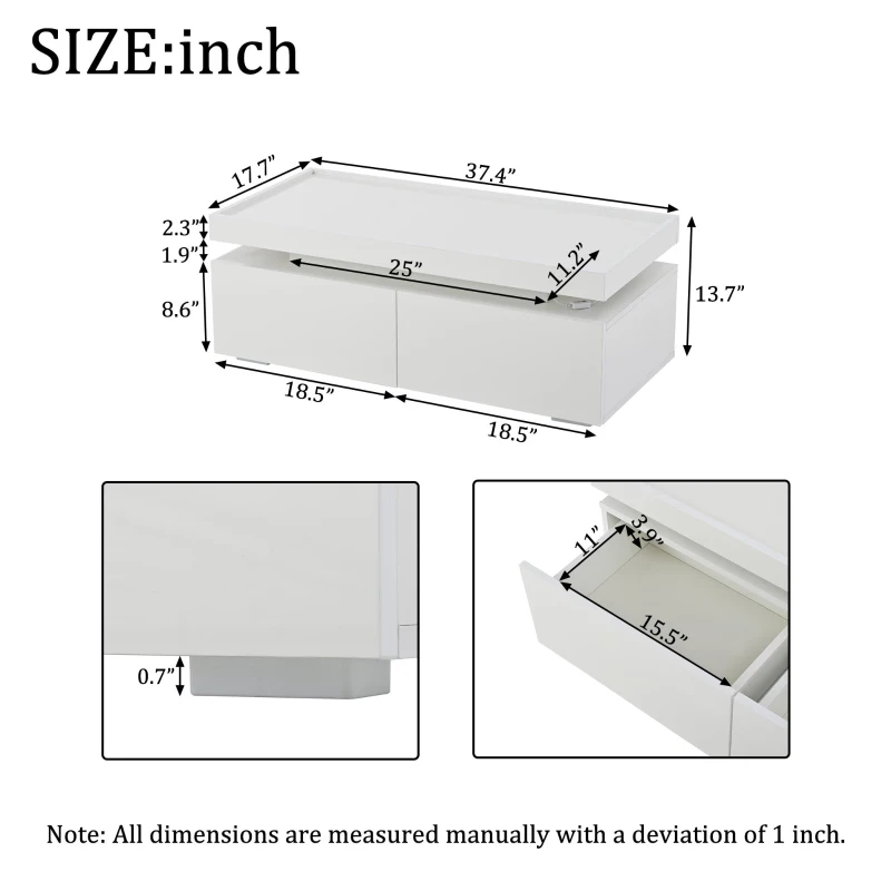 High-Gloss Coffee Table with App-Controlled LED Ambient Lighting, Functional Center Table for Living Room, 37.5" L x 17.5" W x 13.5" H, White