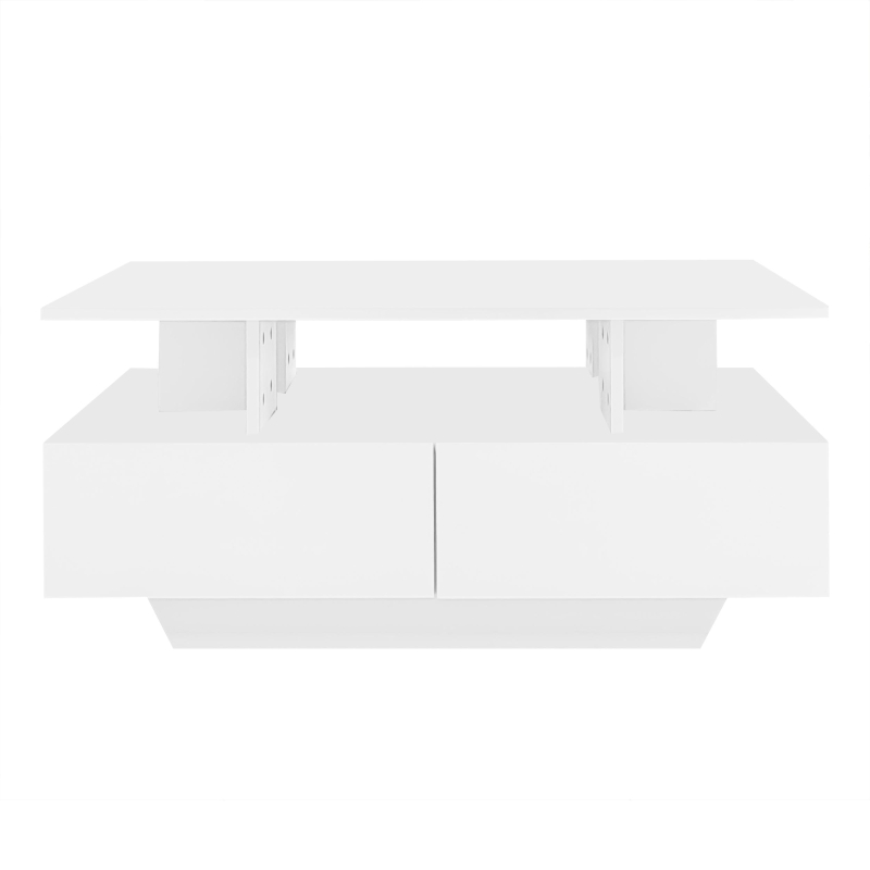 High-Gloss Coffee Table with Built-In LED Light and 2 Drawers, Minimalist Centre Table with Open Storage, 35.5'' L x 21.5'' W x 16'' H, White