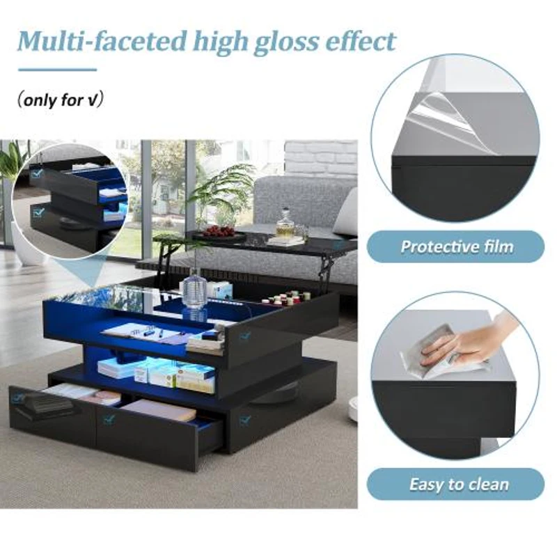 Lift-Up Coffee Table with App-Controlled LED Lighting, Space-Saving Center Table for Compact Homes, 31.5'' L x 31.5'' W x 17.5'' H, Black