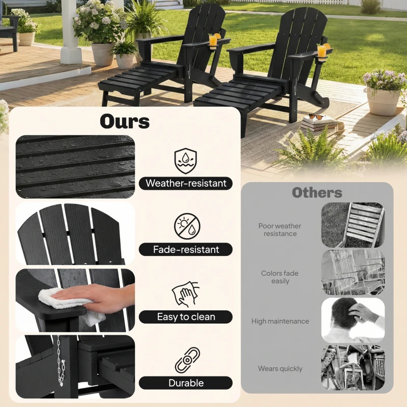 Outsunny Folding Adirondack Chair Set of 2, HDPE Fire Pit Chair with Retractable Ottoman and Cup Holder, Black