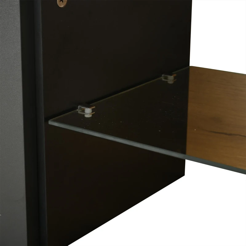 Sleek TV Stand with 3 Doors and 2-Tier Tempered-Glass Shelf, Slim TV Cabinet with Hidden Storage, 69" L x 12.5" W x 17.5" H, Natural Wood