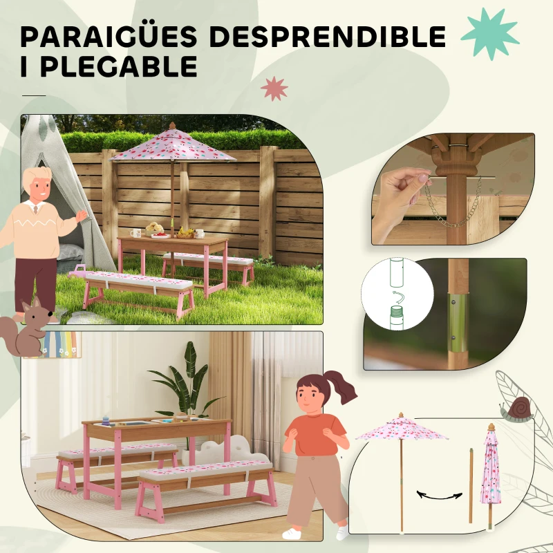 Qaba Kids Picnic Table and Bench Set with Removable Umbrella, Cushions & Boxes, Flamingo Theme for Outdoor, Pink