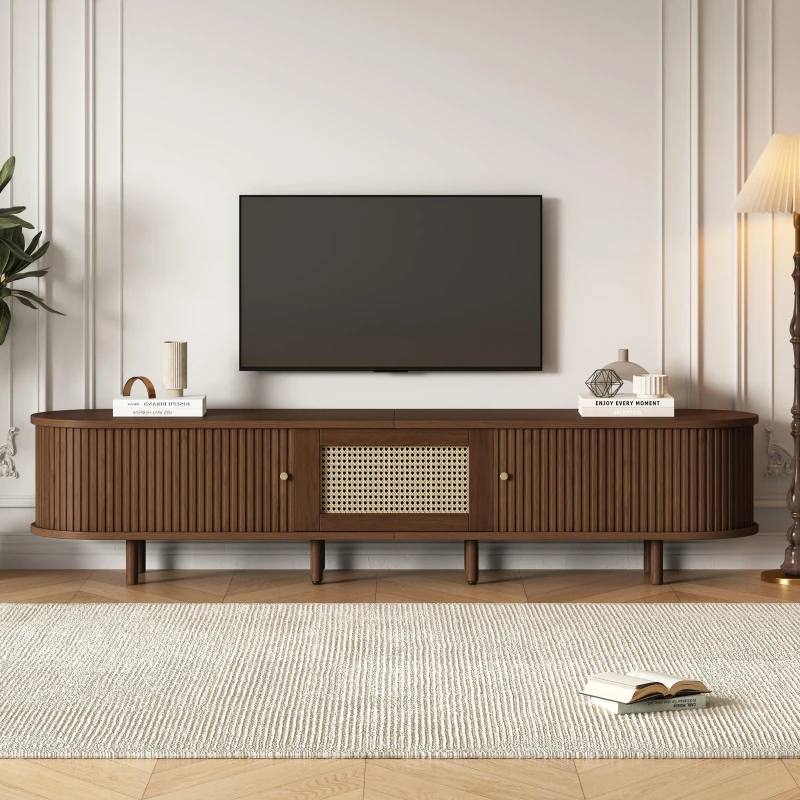 Minimalist TV Stand with Rattan Drawer and 2 Sliding Doors, Oval Media Console with Space-Saving Top, 71'' L x 15.5'' W x 15.5'' H, Dark Oak