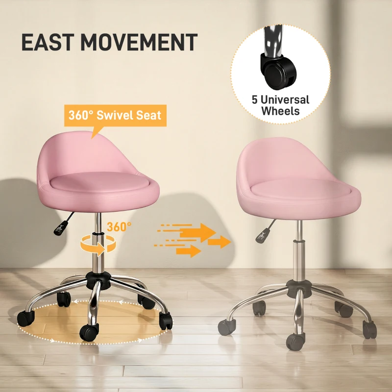 HOMCOM Salon Stool, Adjustable Rolling Stool, Pink