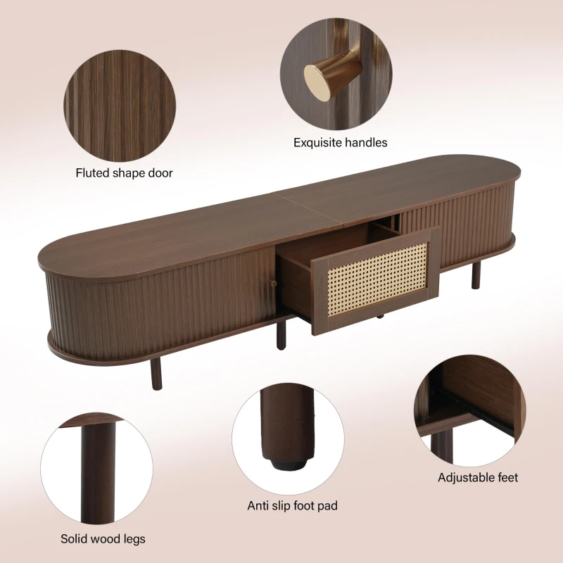 Minimalist TV Stand with Rattan Drawer and 2 Sliding Doors, Oval Media Console with Space-Saving Top, 71'' L x 15.5'' W x 15.5'' H, Dark Oak