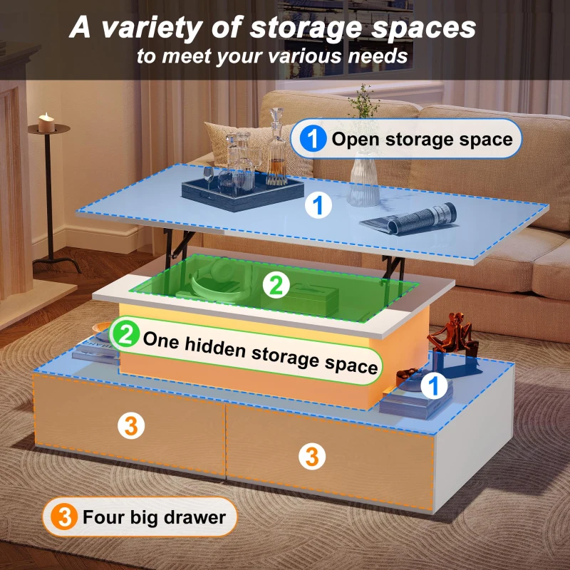 Sleek Lift-Up Coffee Table with LED Lighting and 4 Drawers, Durable Center Table for Living Room, 35.5" L x 21.5" W x 16.5" H, White