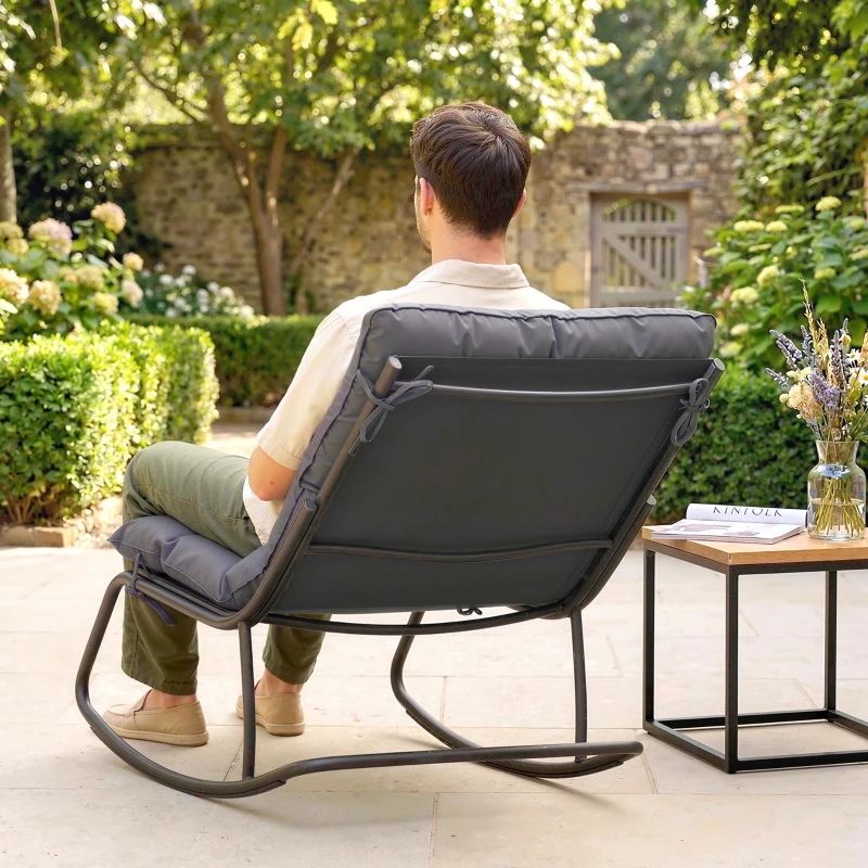 Outsunny Outdoor Rocking Chair, Oversized Rocking Patio Chair with 25" Extra Wide Mesh Seat and Cushion, Dark Grey