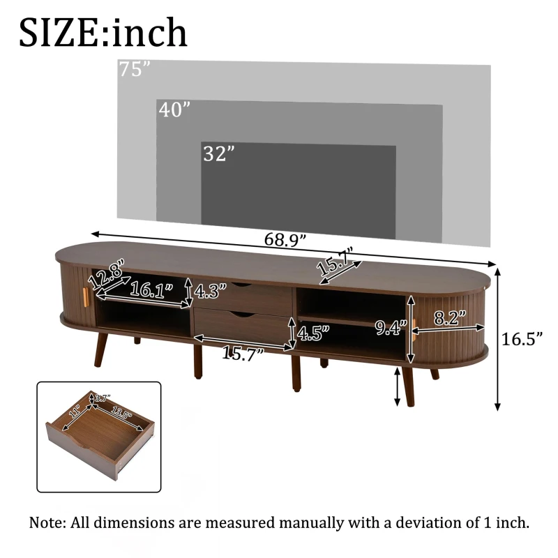 Stylish TV Stand with Rounded Corners and Oval Top, Versatile TV Cabinet for Living Room, 69" L x 15.5" W x 16.5" H, Dark Oak