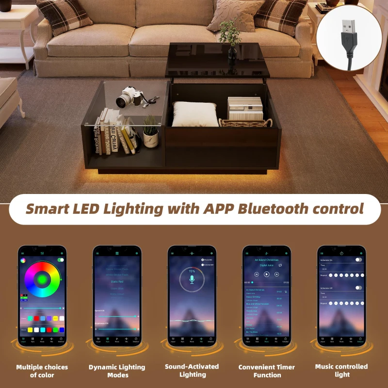 Lift-Up Coffee Table with App-Controlled LED Light and Half Glass Top, Modern Center Table for Living Room, 39.5" L x 19.5" W x 13" H, Black