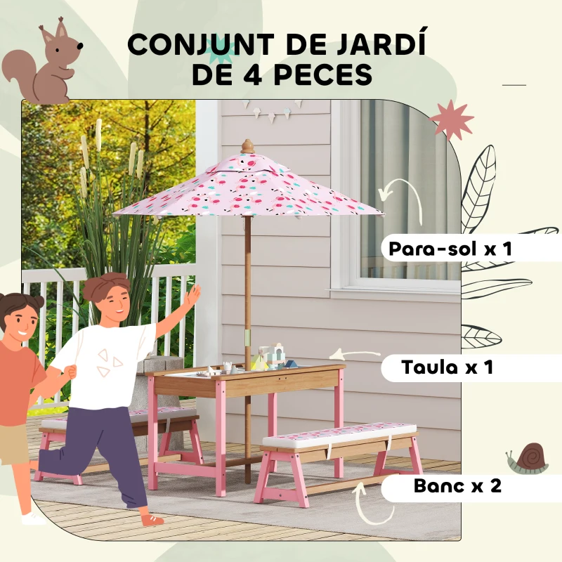 Qaba Kids Picnic Table and Bench Set with Removable Umbrella, Cushions & Boxes, Flamingo Theme for Outdoor, Pink