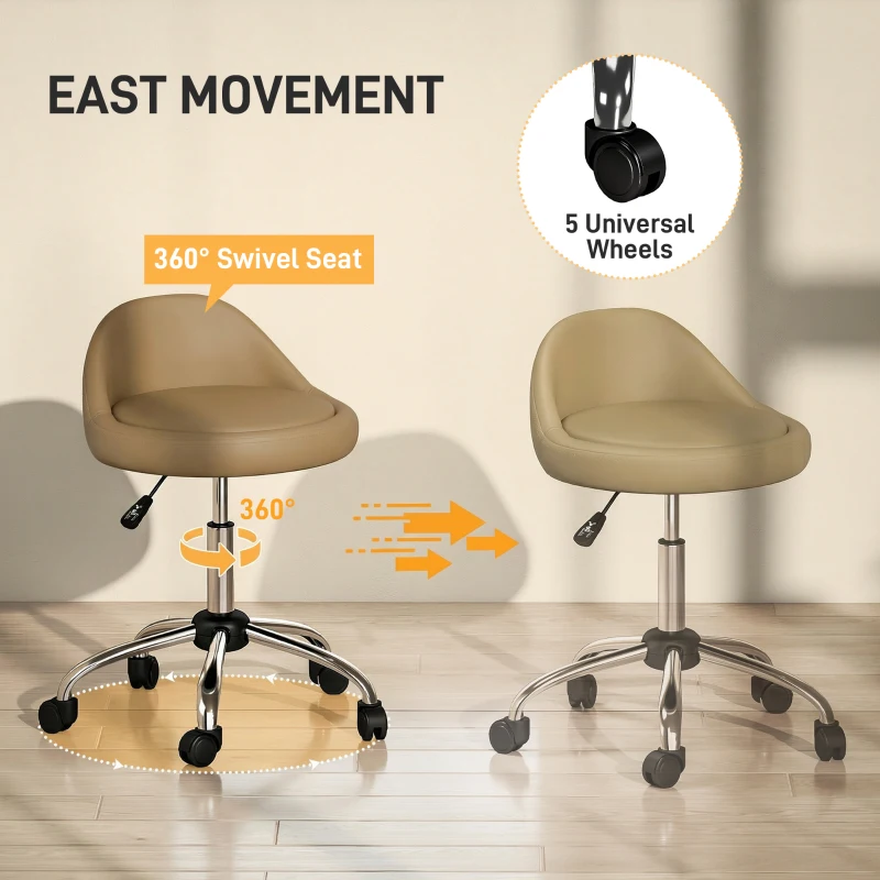 HOMCOM Salon Stool, Adjustable Rolling Stool, Light Brown