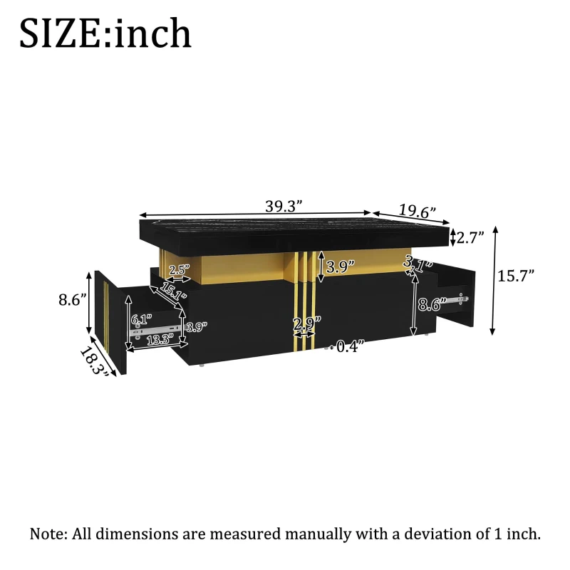 Minimalist Coffee Table with 2 Drawers and High-Gloss Finish, Multi-Use Side Table for Living Spaces, 39.5'' L x 19.5'' W x 15.5'' H, Black
