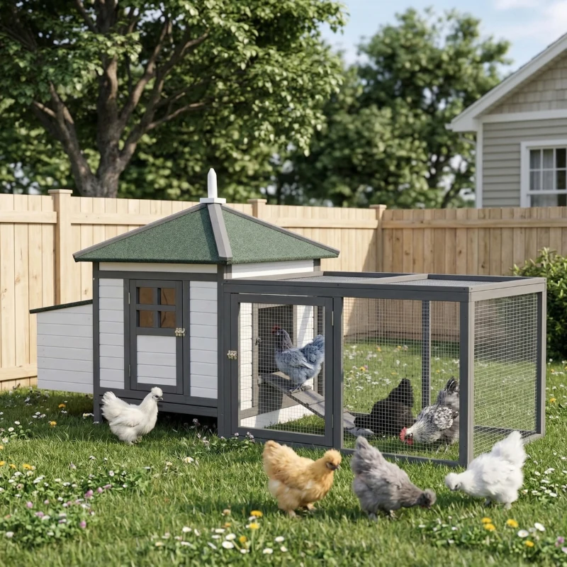 PawHut 77" Wooden Chicken Coop with Nesting Box, Cute Outdoor Hen House with Removable Tray, Ramp Run, for Garden Backyard, Gray