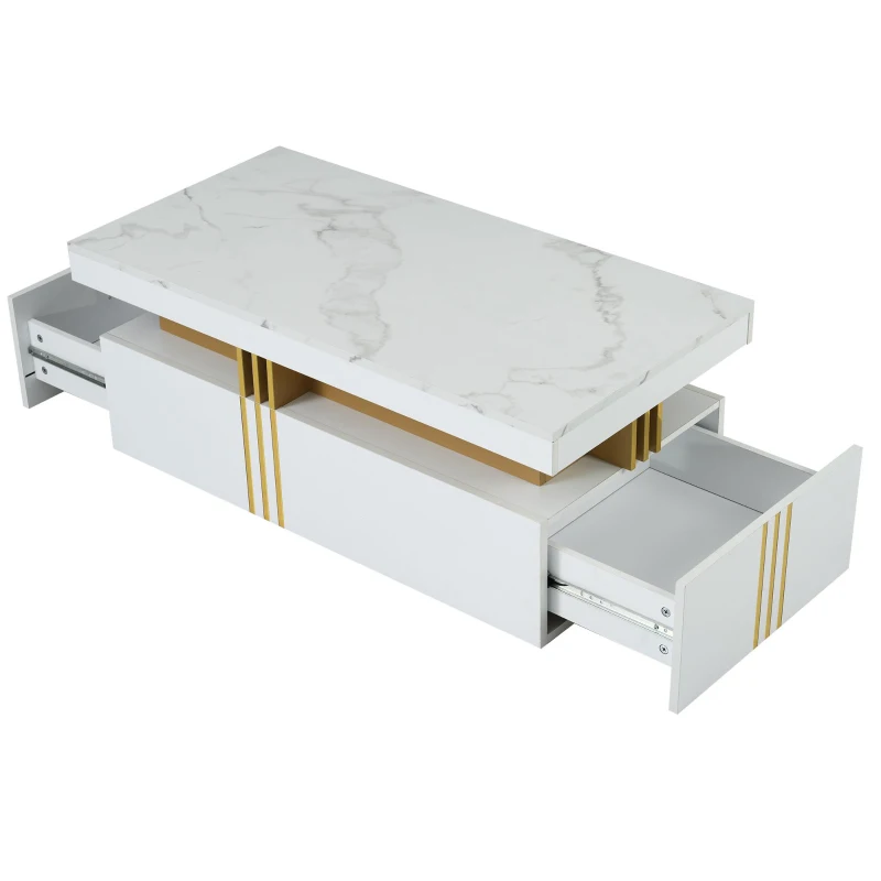 Minimalist Coffee Table with 2 Drawers and High-Gloss Finish, Multi-Use Side Table for Living Spaces, 39.5'' L x 19.5'' W x 15.5'' H, White