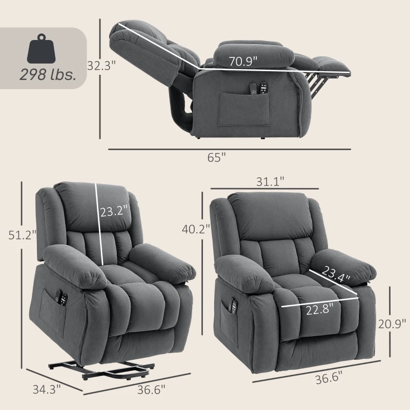 HOMCOM Overstuffed Power Lift Recliner Chair with Vibration Massage and Heat, Side Pockets, Pocket Spring, for Adults, Gray
