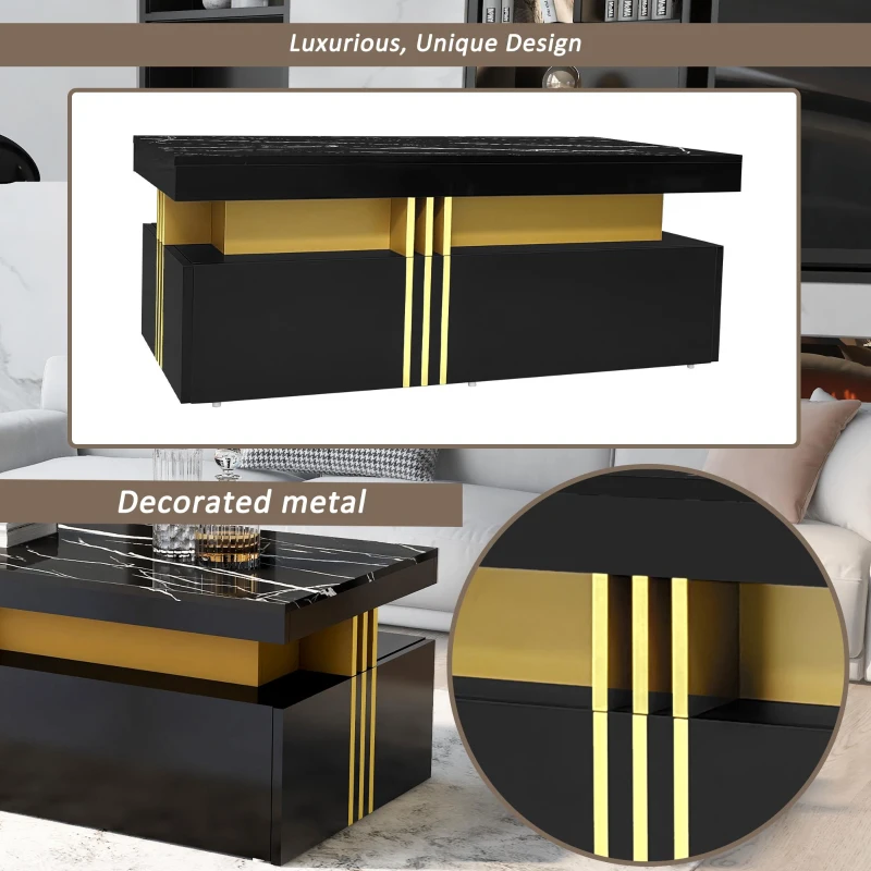 Minimalist Coffee Table with 2 Drawers and High-Gloss Finish, Multi-Use Side Table for Living Spaces, 39.5'' L x 19.5'' W x 15.5'' H, Black