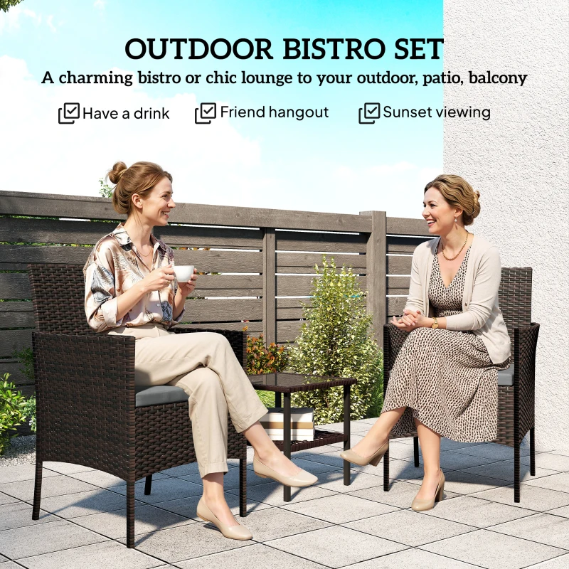 Outsunny Wicker Bistro Set, 3 Piece Patio Furniture Set with 2-Tier Glass Top Table, Cushions for Balcony, Porch, Dark Grey