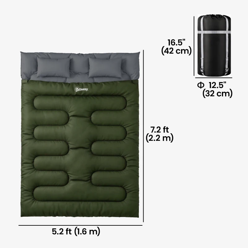 Outsunny Double Sleeping Bag for Adults, Queen Size 2 Person Sleeping Bag with 2 Pillows, for Cold Weather & Warm, Green