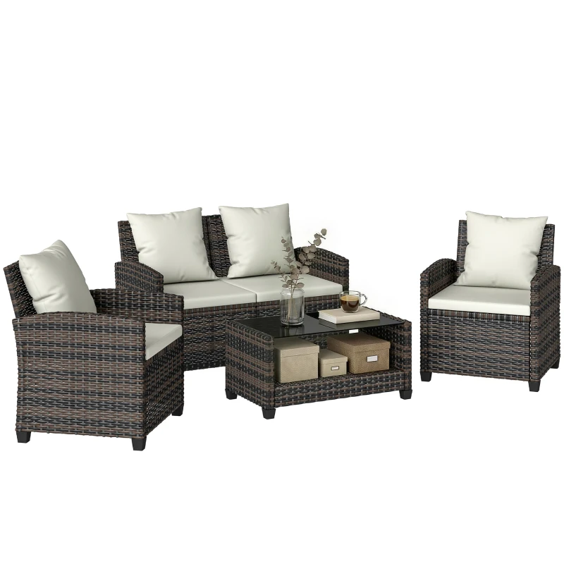 Outsunny 4 Piece Wicker Patio Furniture Set, Outdoor Furniture Conversation Set with Loveseat, Chairs, 2 Tier Table, Beige