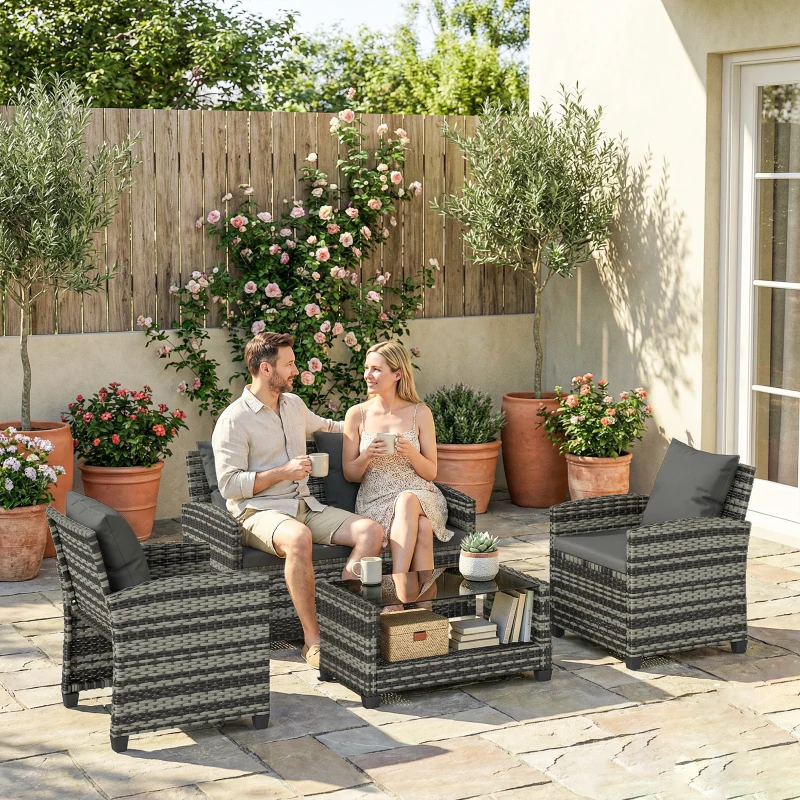 Outsunny 4 Piece Wicker Patio Furniture Set, Outdoor Furniture Conversation Set with Loveseat, Chairs, 2 Tier Table, Dark Grey