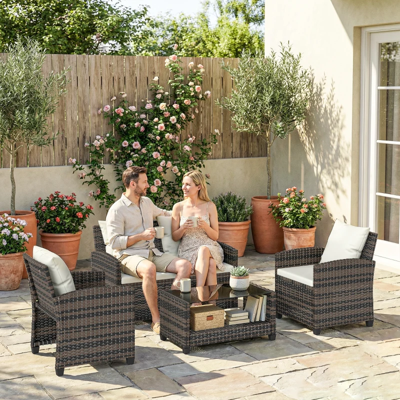 Outsunny 4 Piece Wicker Patio Furniture Set, Outdoor Furniture Conversation Set with Loveseat, Chairs, 2 Tier Table, Beige