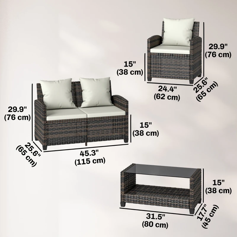 Outsunny 4 Piece Wicker Patio Furniture Set, Outdoor Furniture Conversation Set with Loveseat, Chairs, 2 Tier Table, Beige