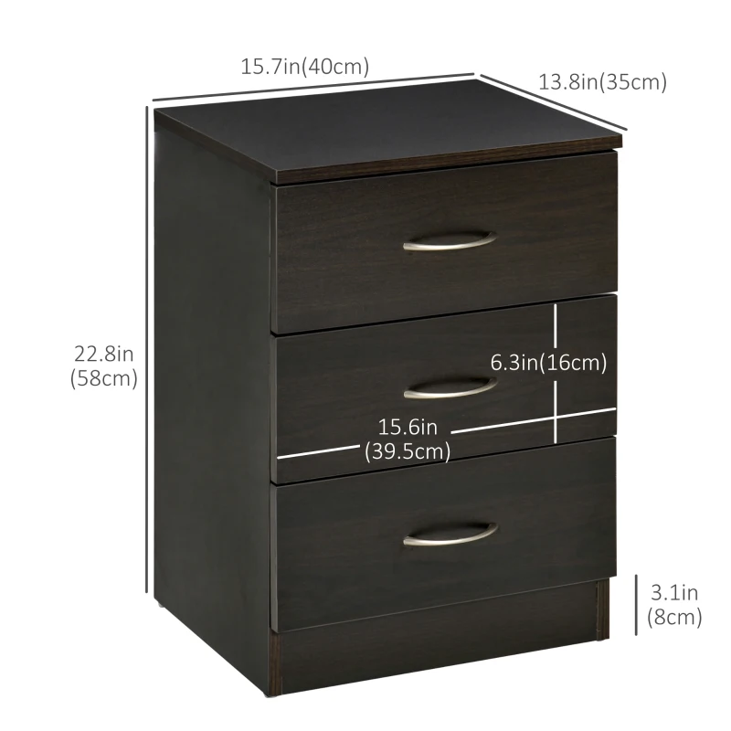 HOMCOM Bedside Table, Modern Night Stand with 3 Drawers and Metal Rail for Bedroom, Dark Brown