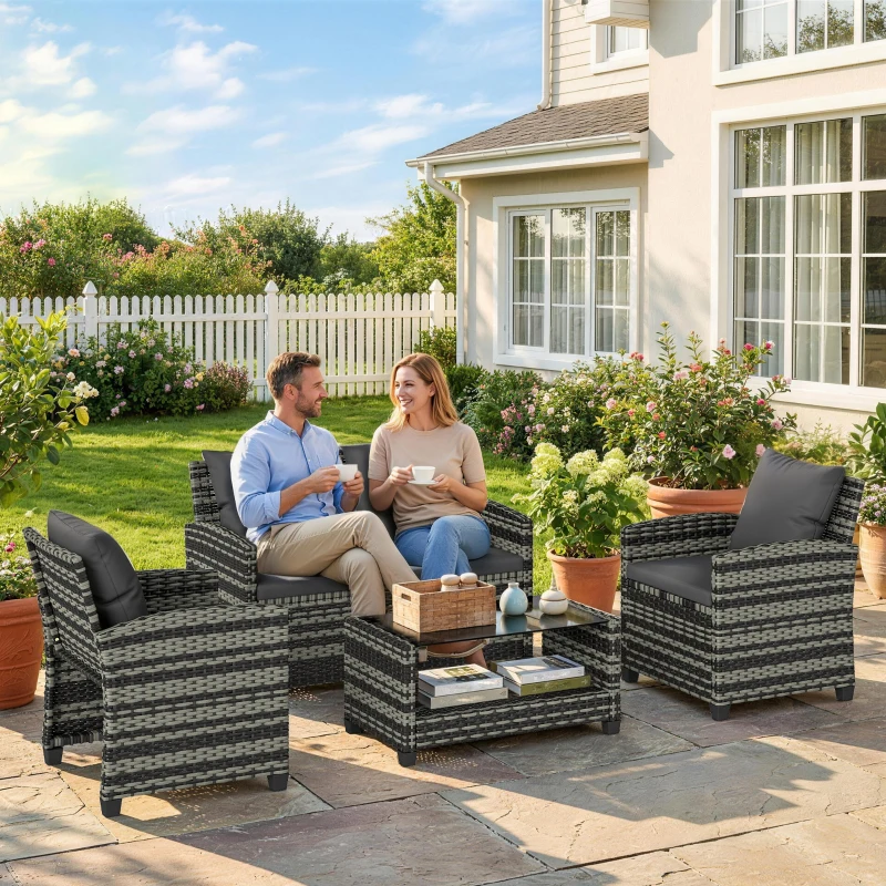 Outsunny 4 Piece Wicker Patio Furniture Set, Outdoor Furniture Conversation Set with Loveseat, Chairs, 2 Tier Table, Dark Grey